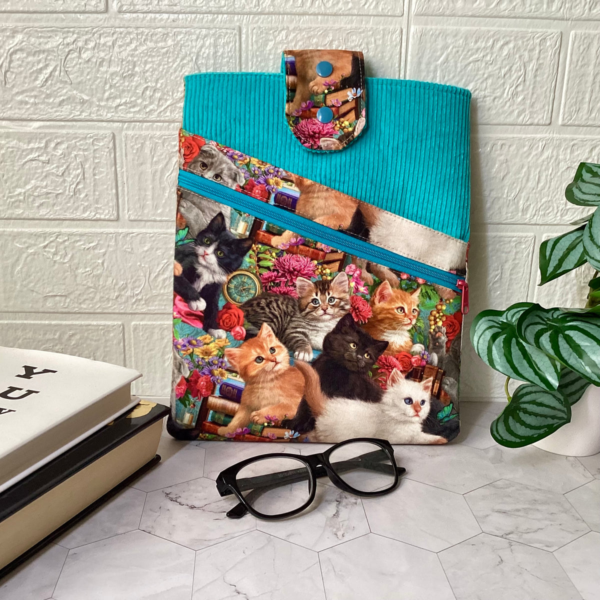 Kittens and Books fabric book sleeve with 2 pockets. iPad, tablet pouch