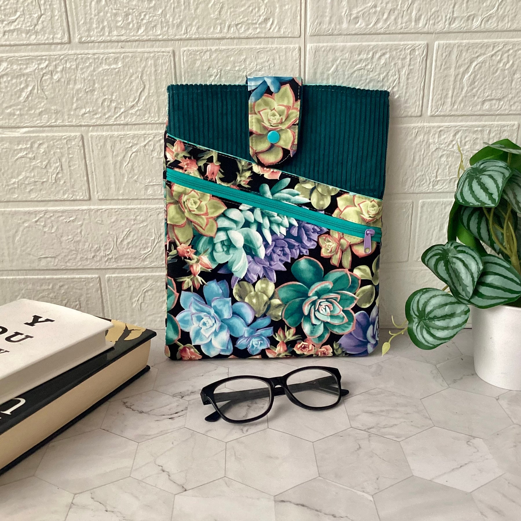 Succulent plants fabric book sleeve with 2 pockets. iPad, tablet pouch