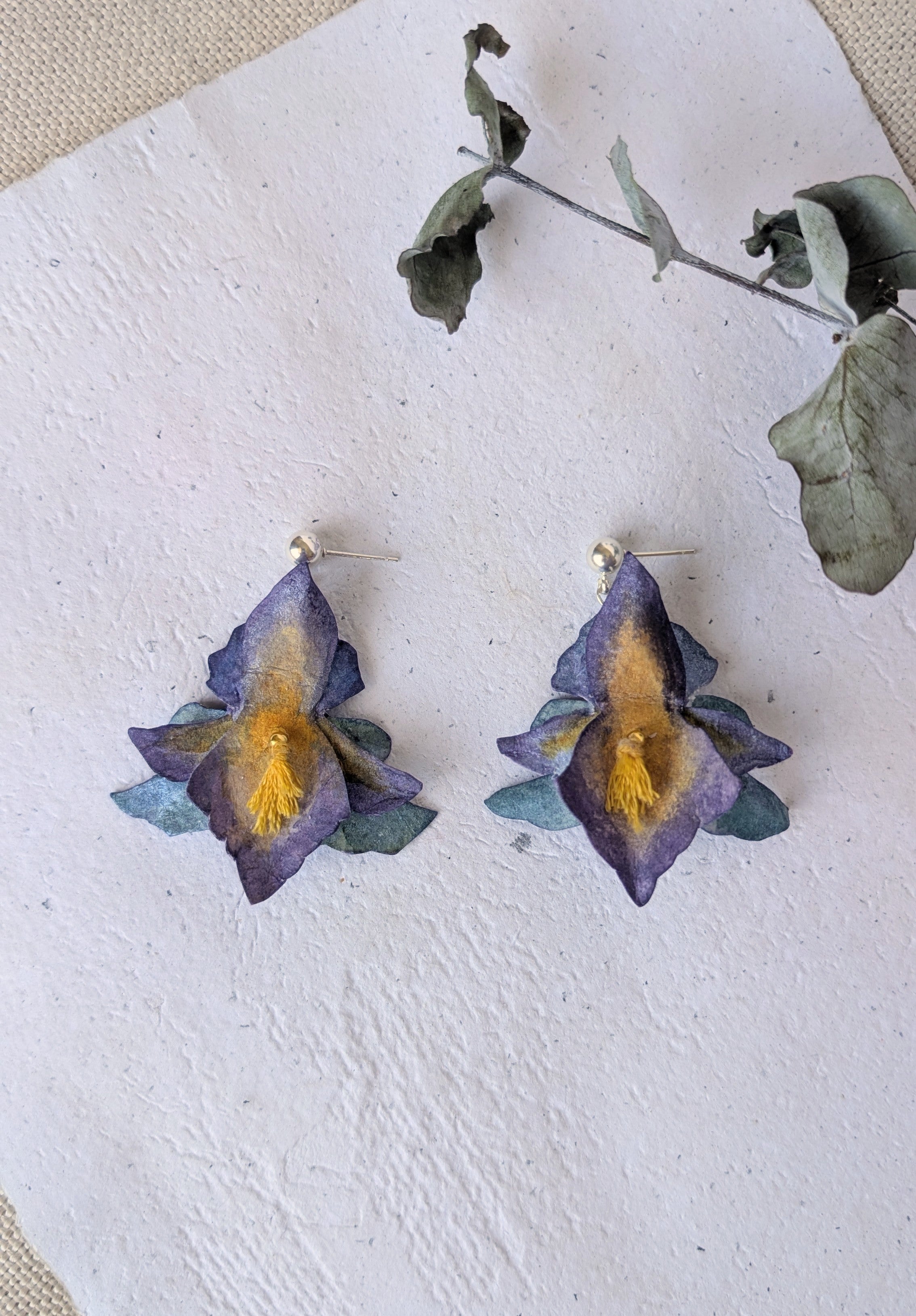 Handmade Iris Flower Earrings – Watercolour Paper Botanical Statement