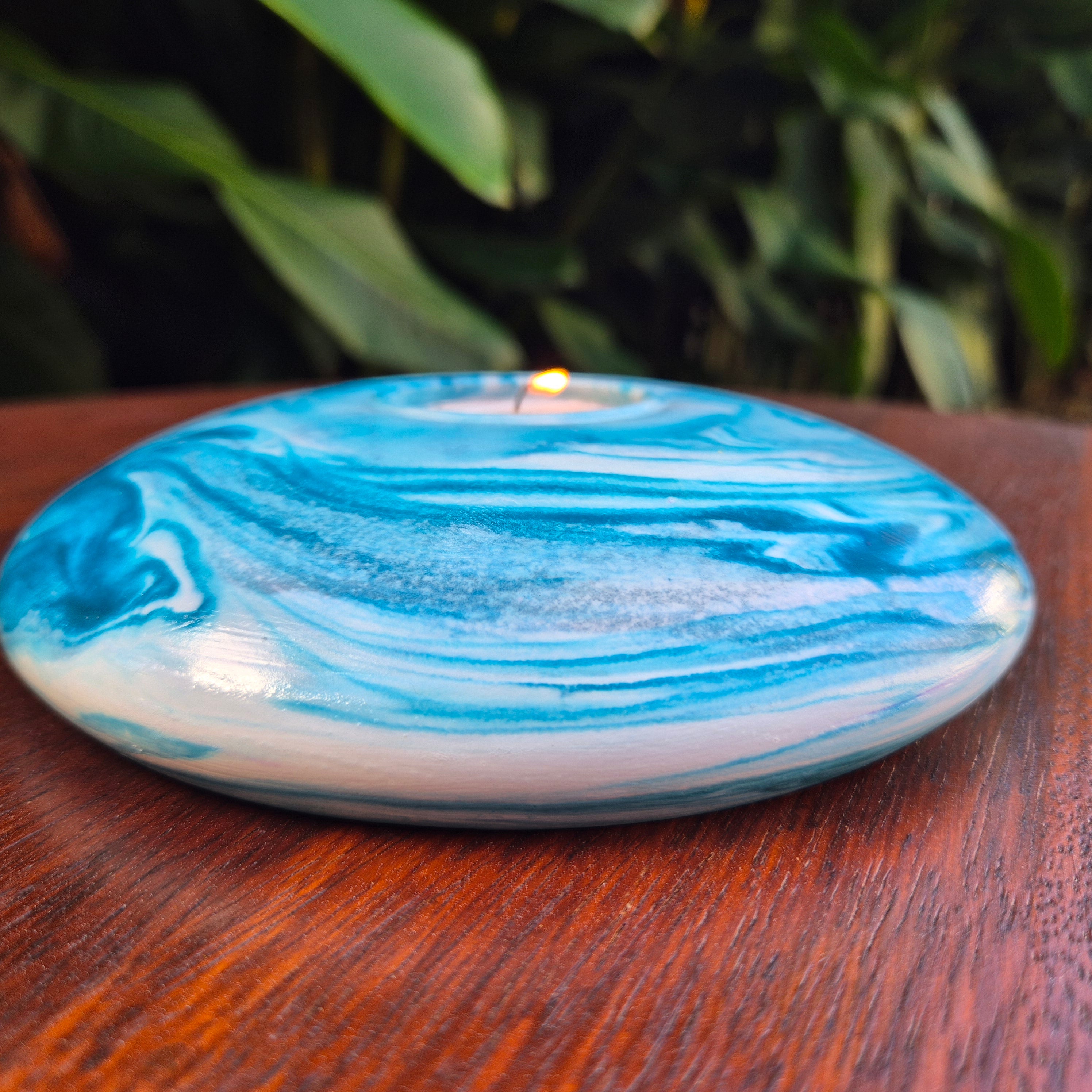 Large round concrete tealight candle holder in teal
