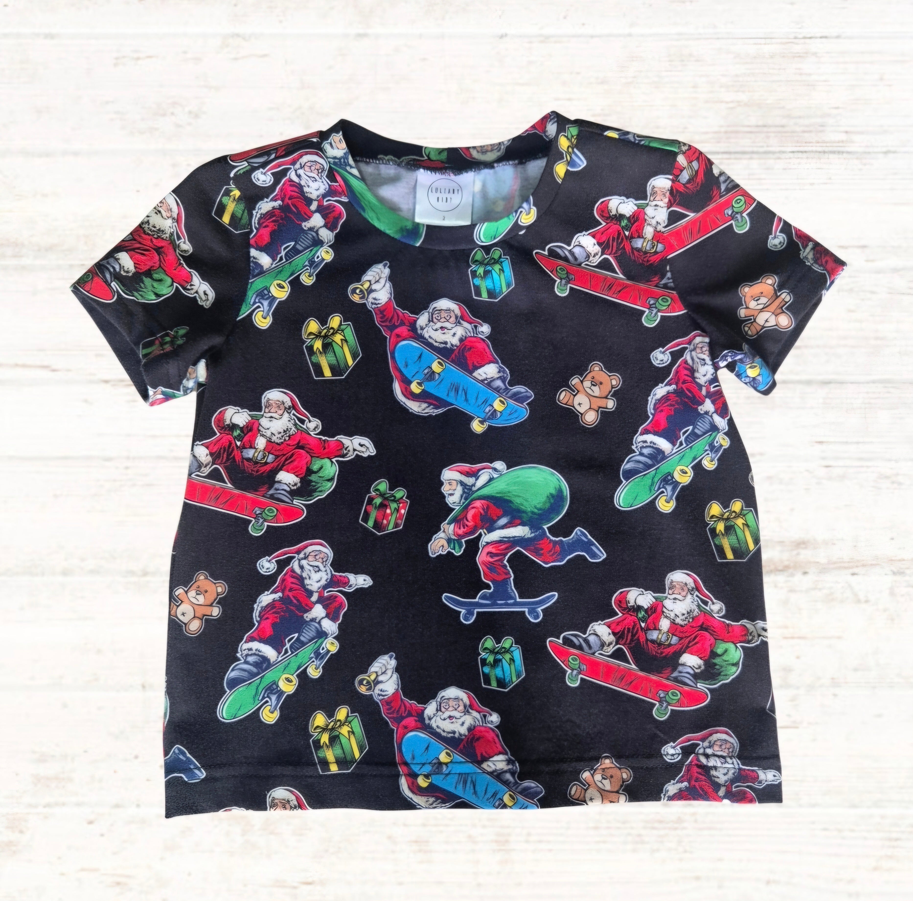 Kids Christmas Skating Santa T-Shirt Sizes 1 & 2 - Ready To Ship!