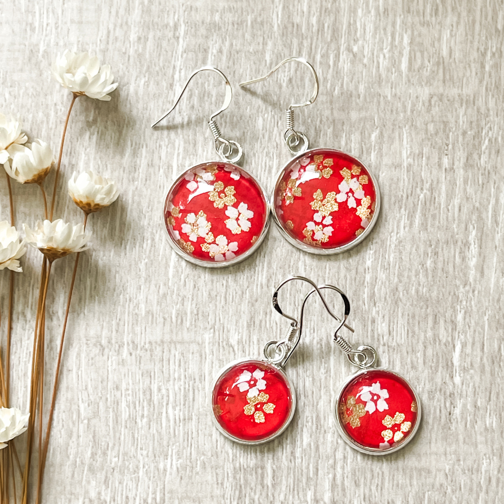 A Splash of Red Handmade Earrings • Floral Japanese Paper Glass Earrings