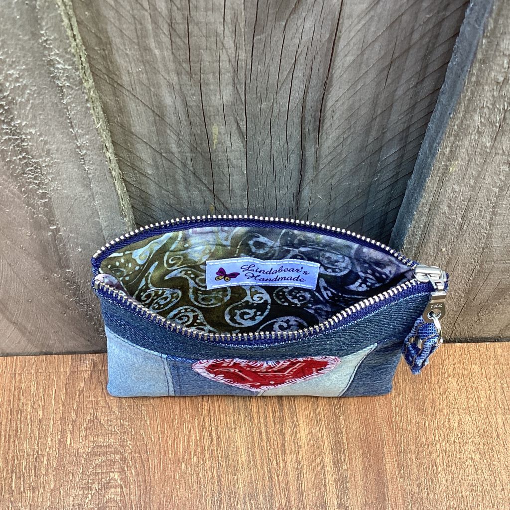 Upcycled Denim Coin Purse - Red Paisley Heart