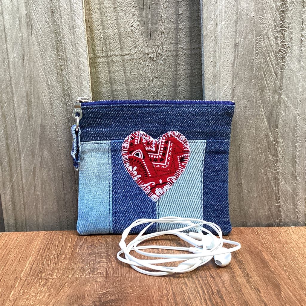 Upcycled Denim Coin Purse - Red Paisley Heart