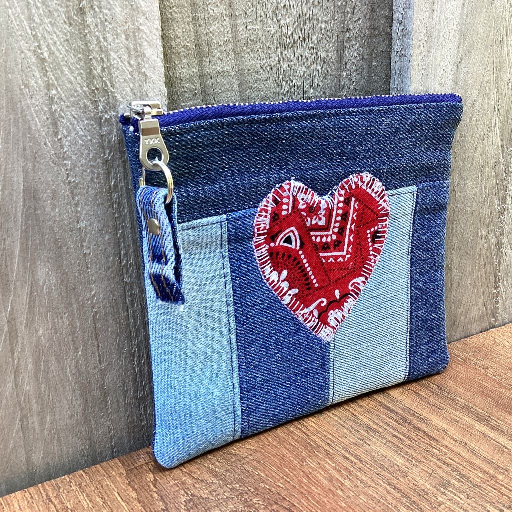 Upcycled Denim Coin Purse - Red Paisley Heart