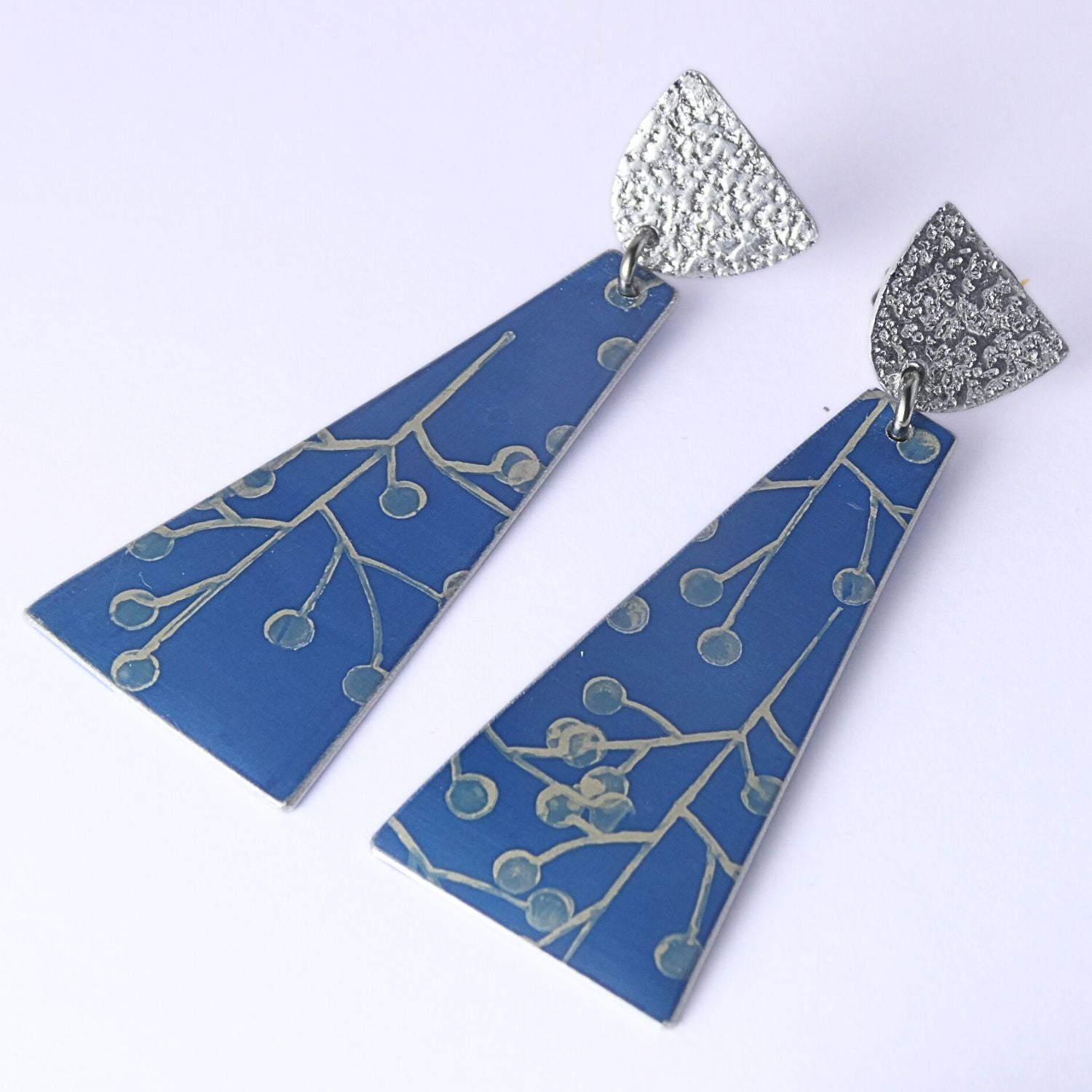 Anodised aluminium earrings hand printed Wattle and Sky Collection
