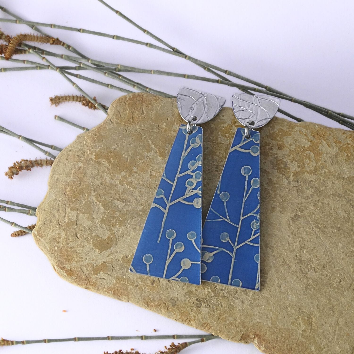 Anodised aluminium earrings hand printed Wattle and Sky Collection