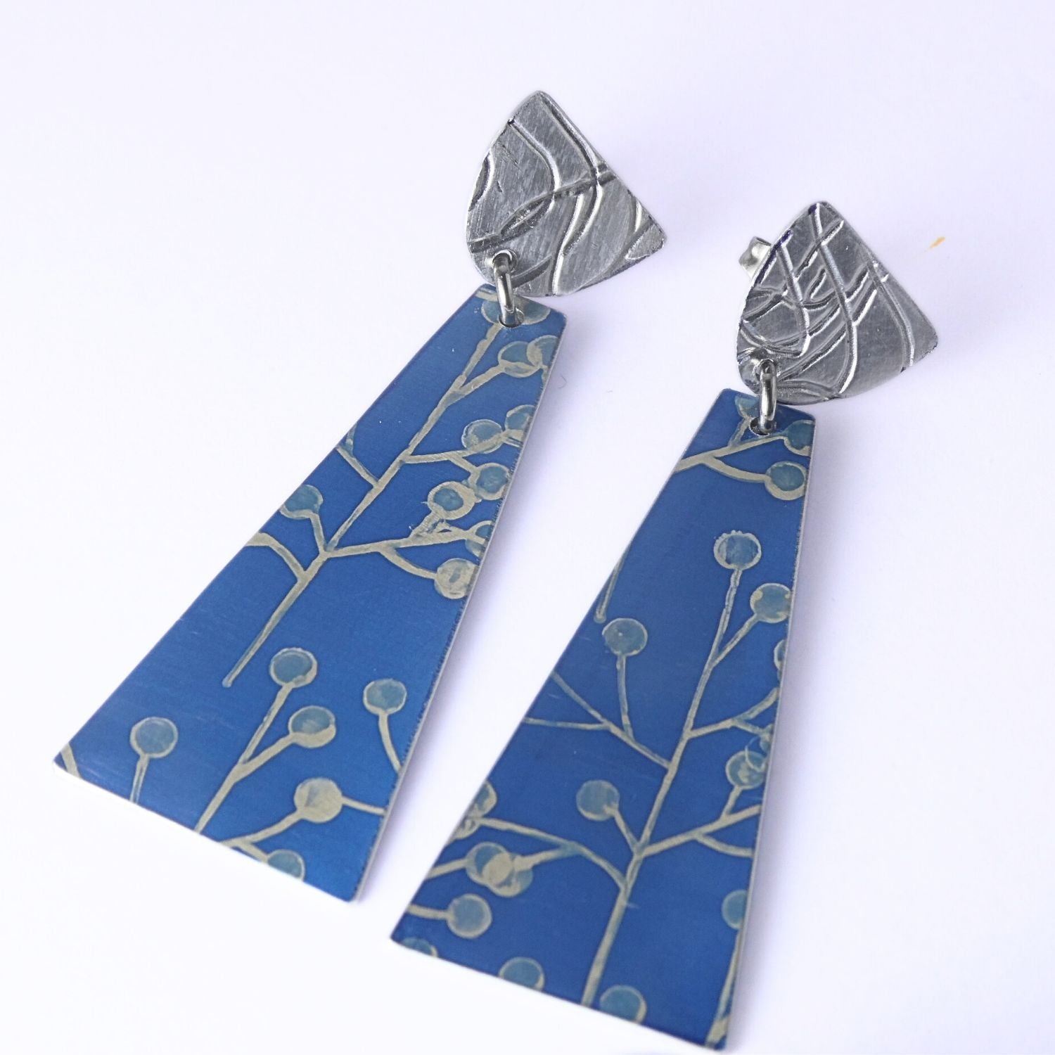 Anodised aluminium earrings hand printed Wattle and Sky Collection