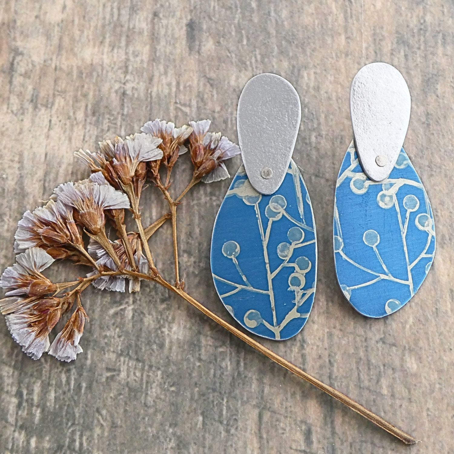 Anodised aluminium earrings hand printed Wattle and Sky Collection