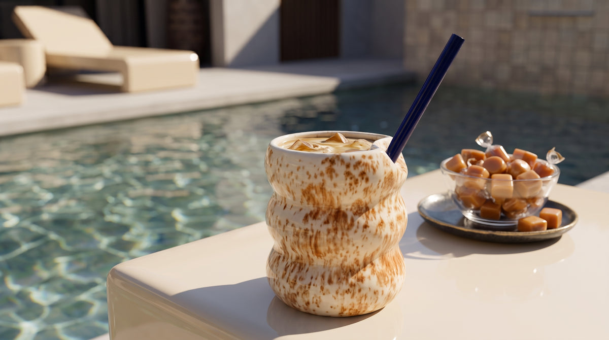 Handcrafted Porcelain Tumbler with Silicon Straw, 600mL Bubble Cup in Latte Glaze
