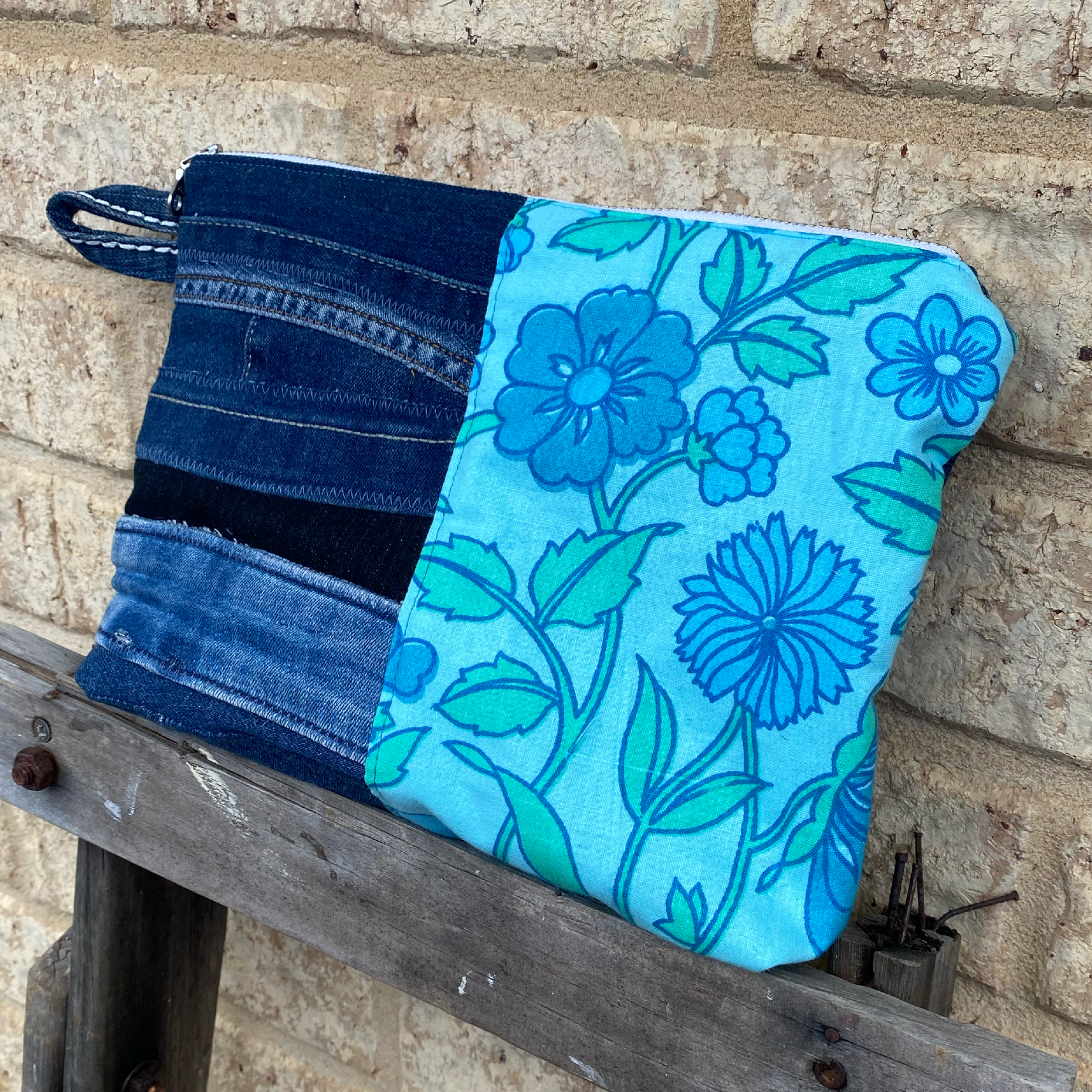 Handmade Pouch Cosmetic Bag Upcycled Vintage Retro - Blue Jean Bloom