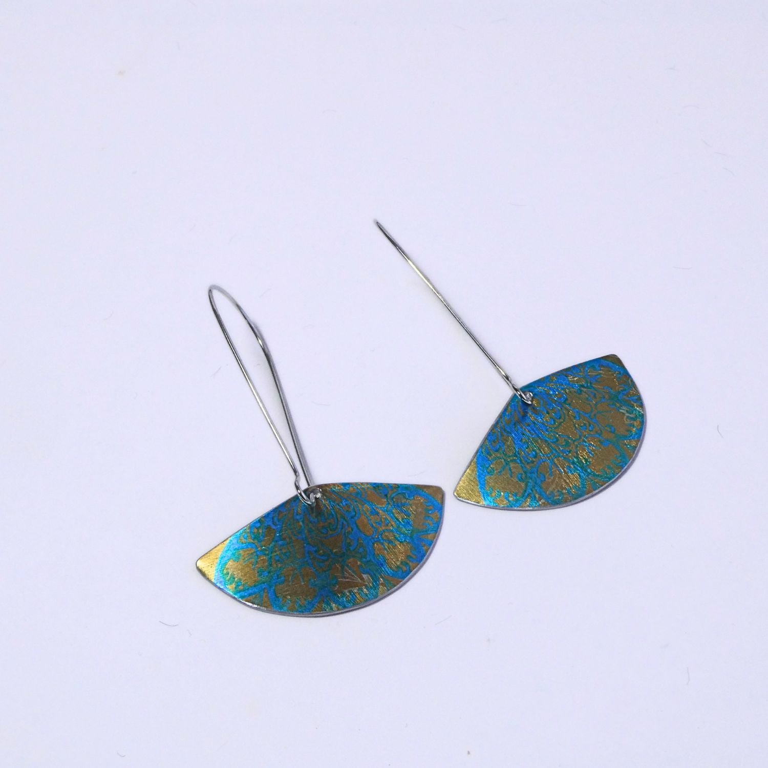 Hand printed anodised aluminium earrings - Persian Blue Collection
