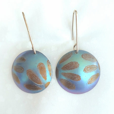 Titanium Domed Dangles- Flower Design  Teal and Bronze