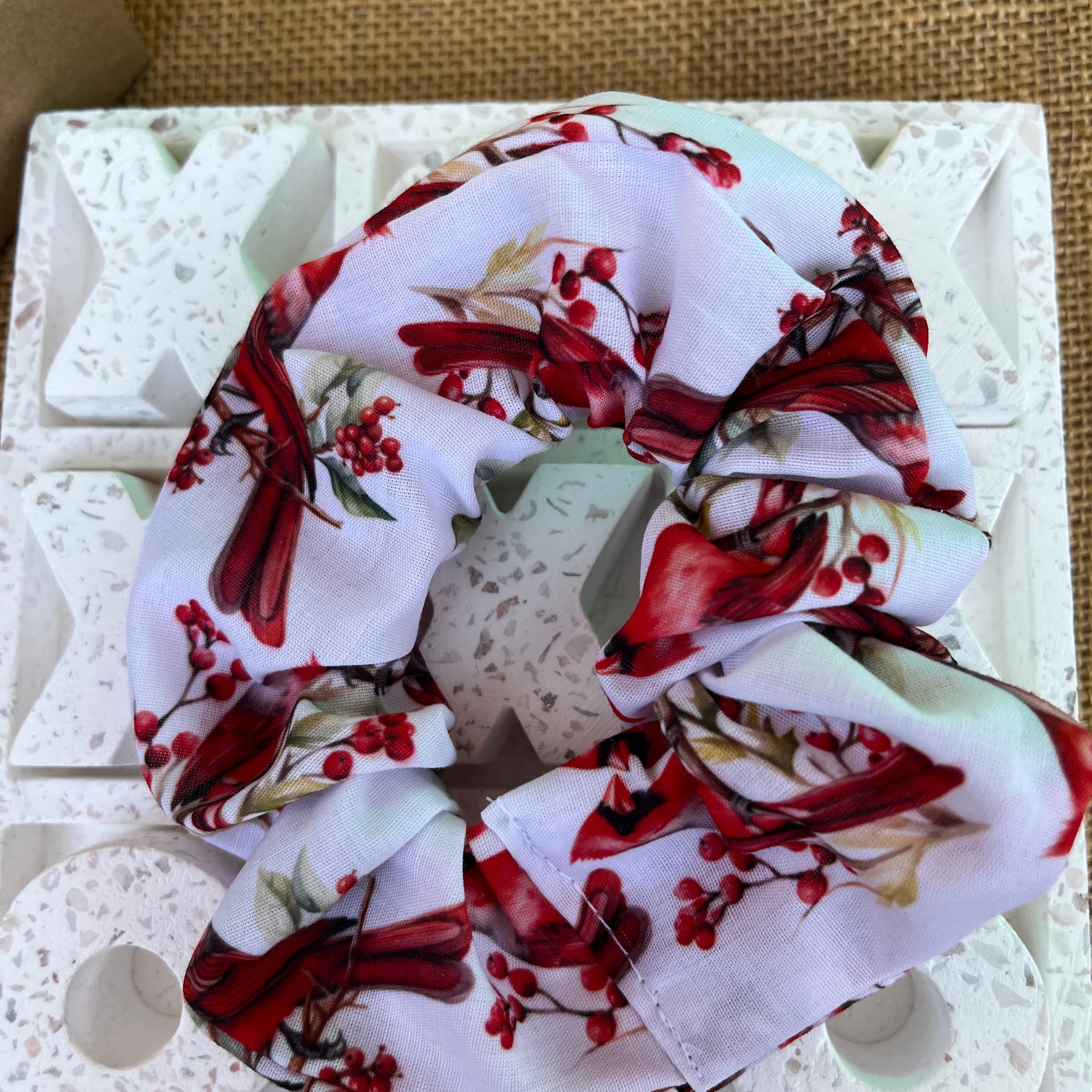 Artisan Handmade Scrunchie in Cardinal Bird Fabric