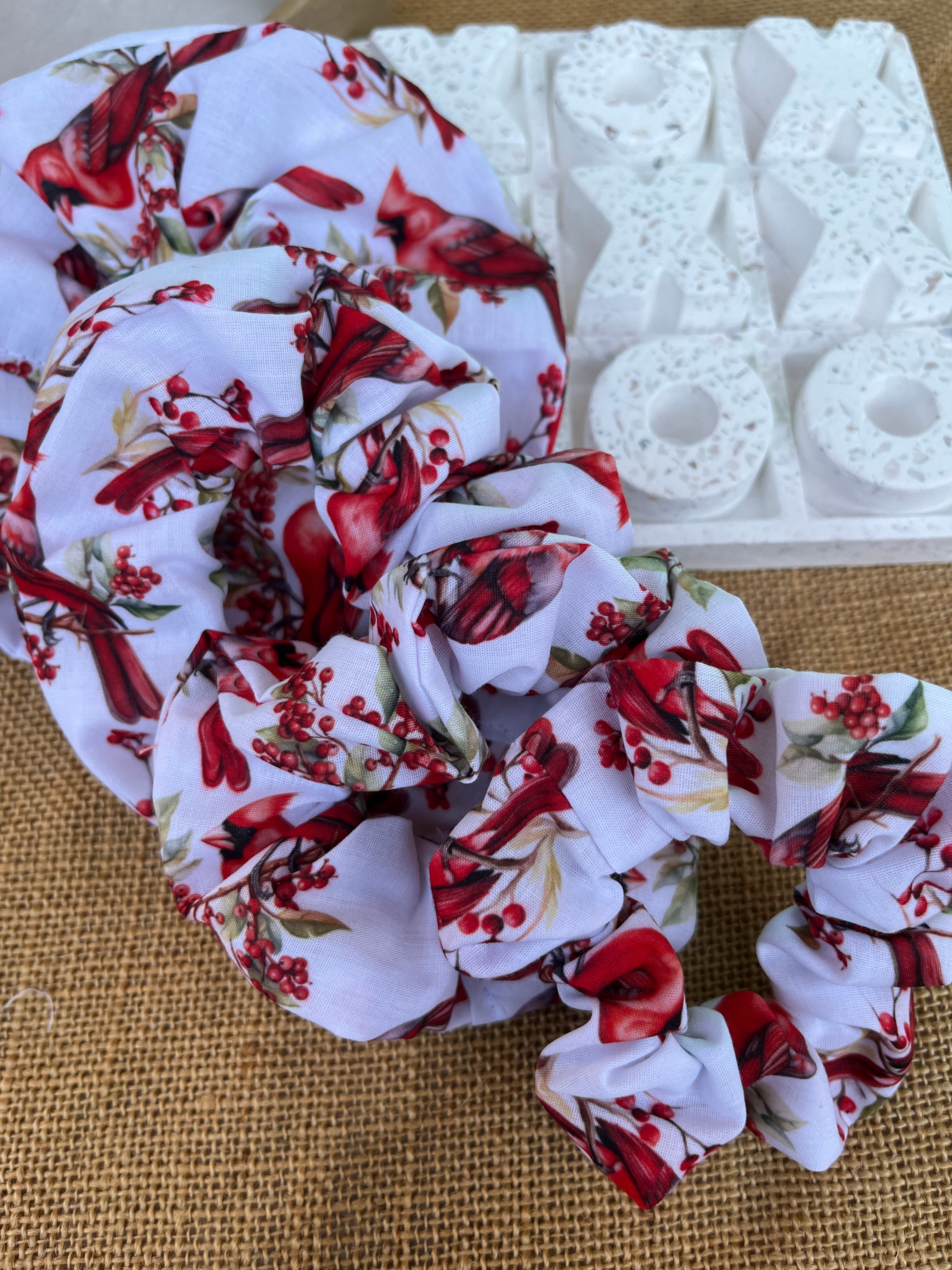 Artisan Handmade Scrunchie in Cardinal Bird Fabric
