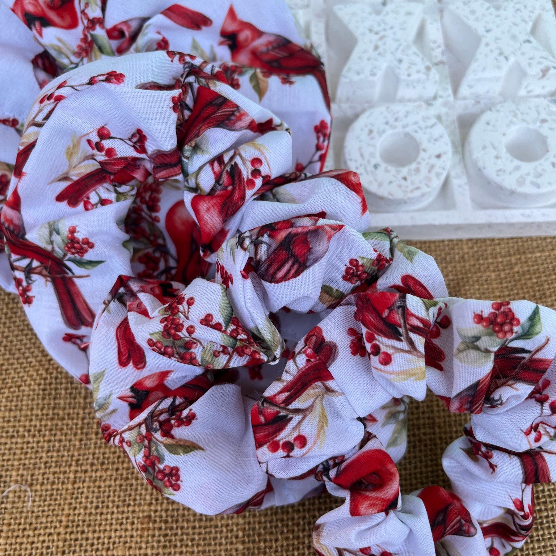 Artisan Handmade Scrunchie in Cardinal Bird Fabric