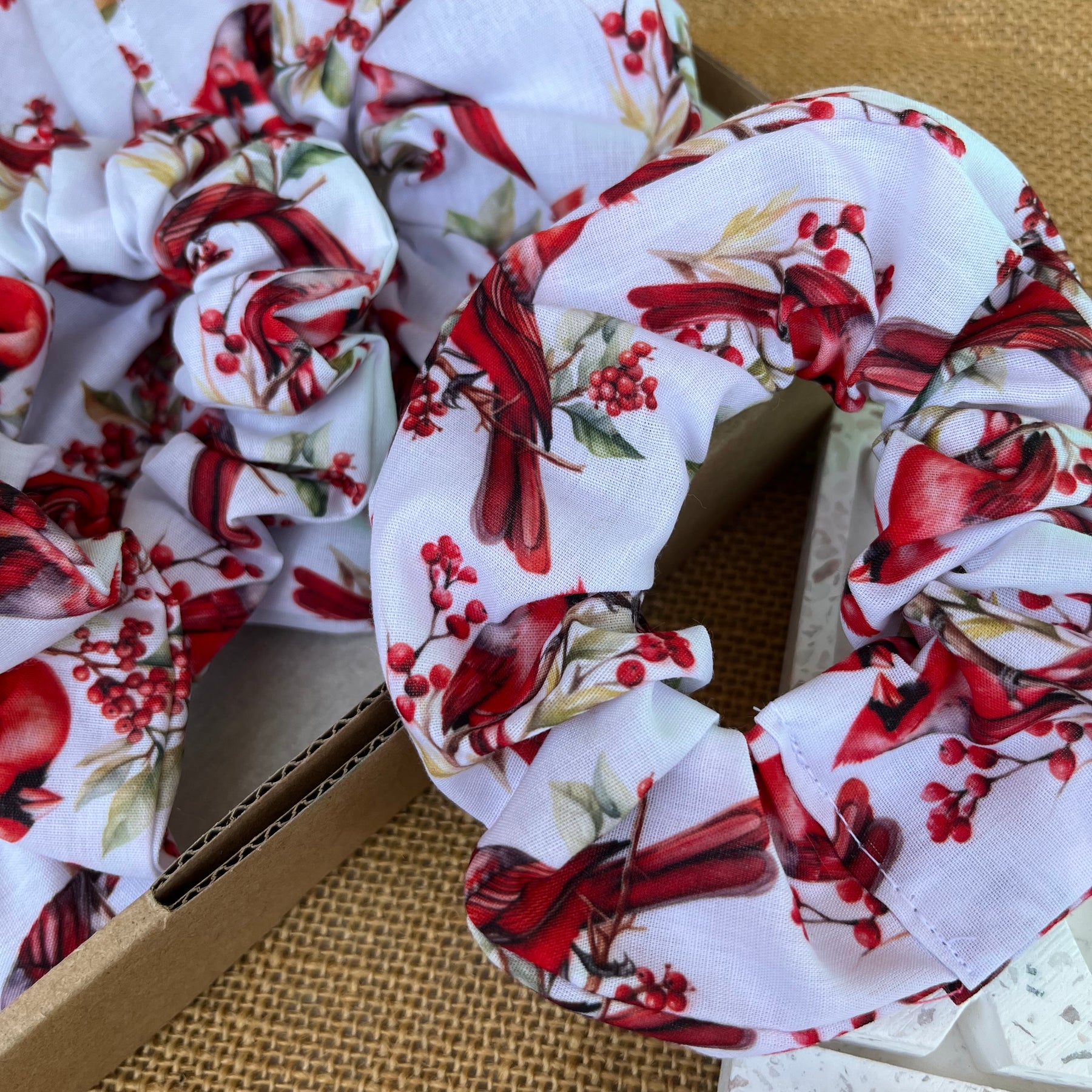 Artisan Handmade Scrunchie in Cardinal Bird Fabric