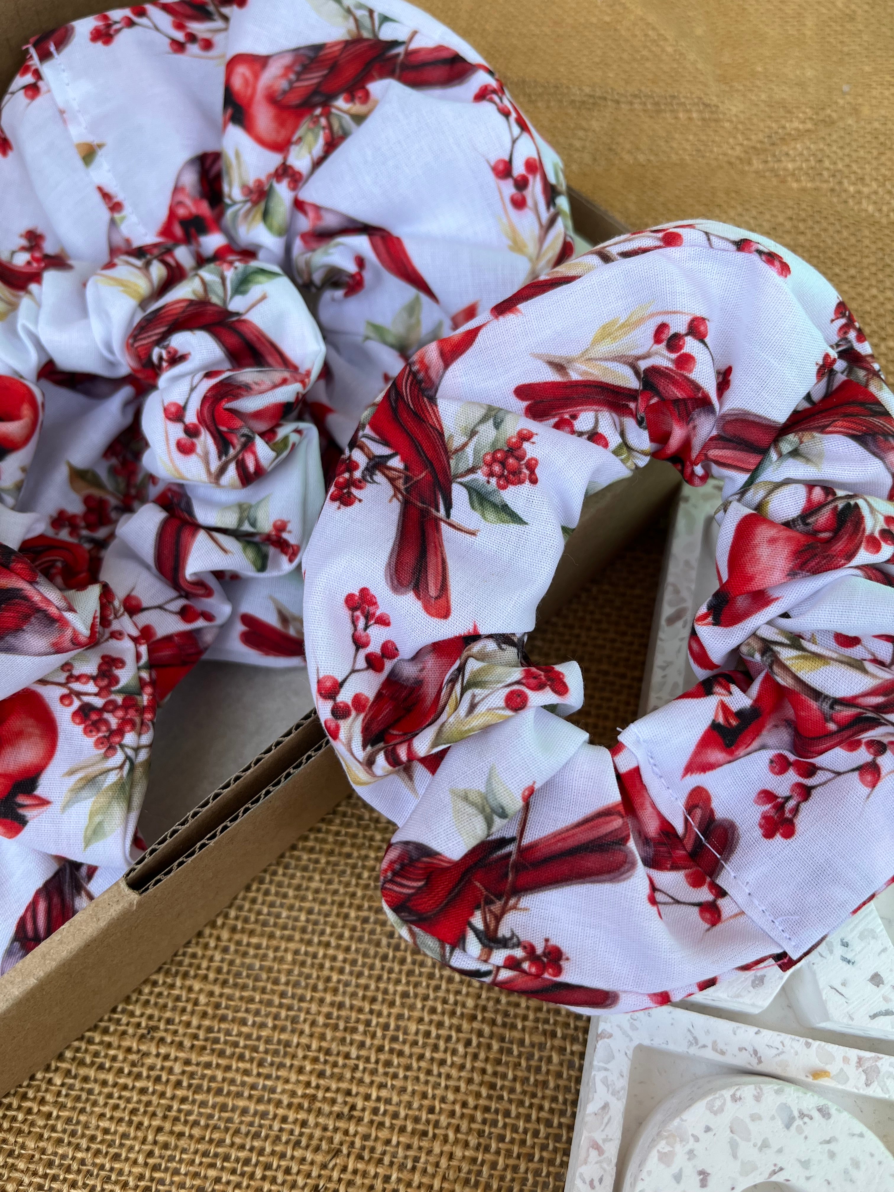Artisan Handmade Scrunchie in Cardinal Bird Fabric