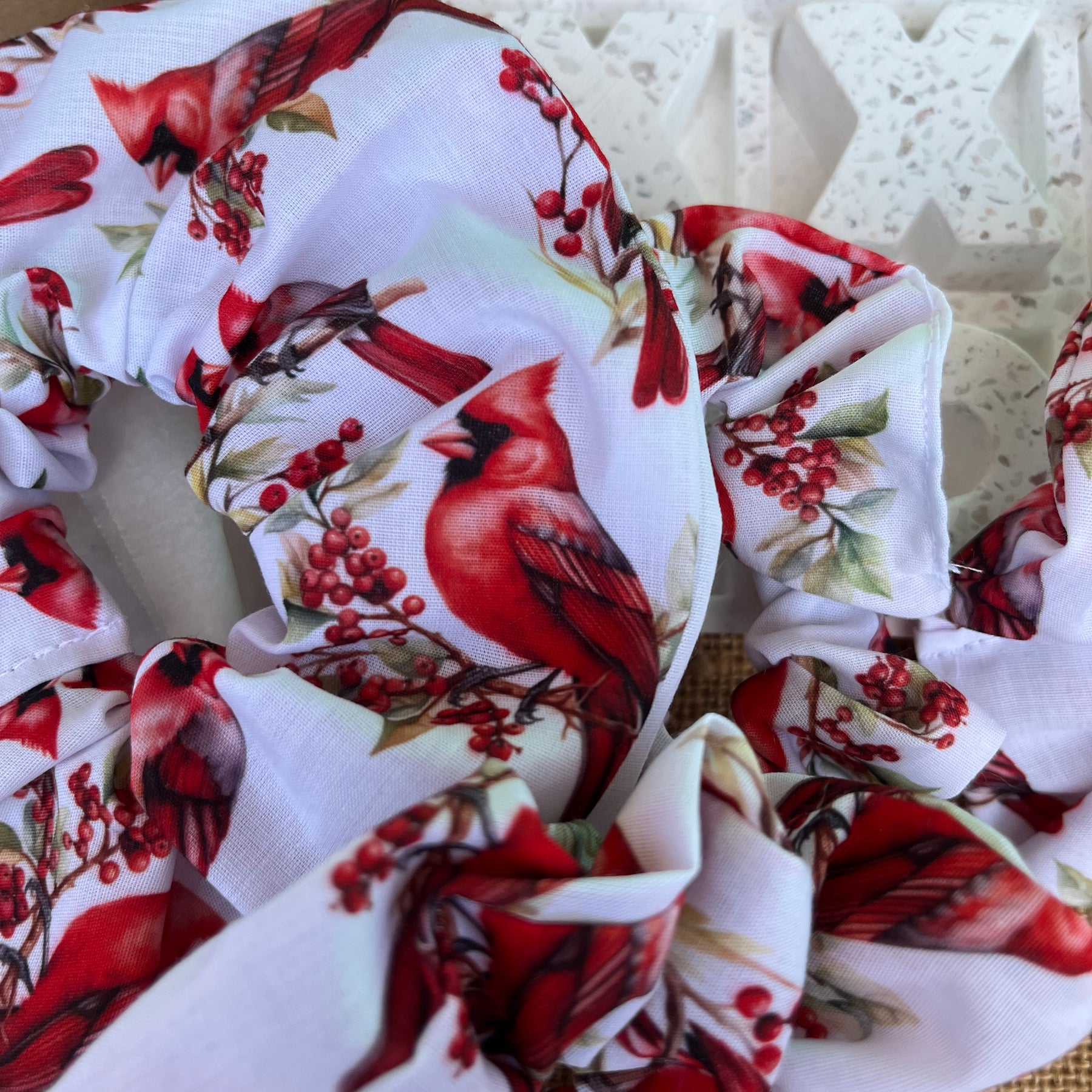 Artisan Handmade Scrunchie in Cardinal Bird Fabric