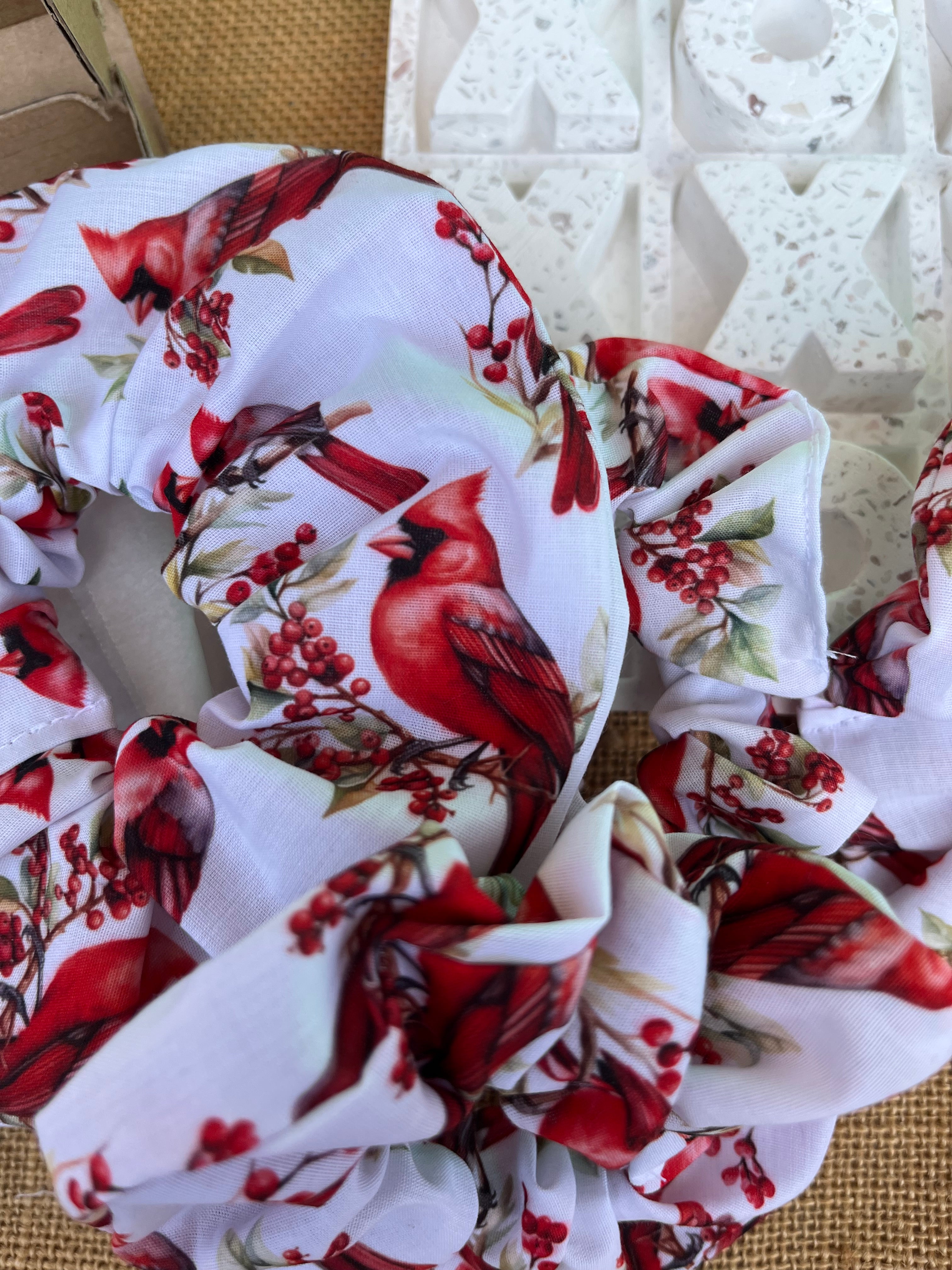 Artisan Handmade Scrunchie in Cardinal Bird Fabric
