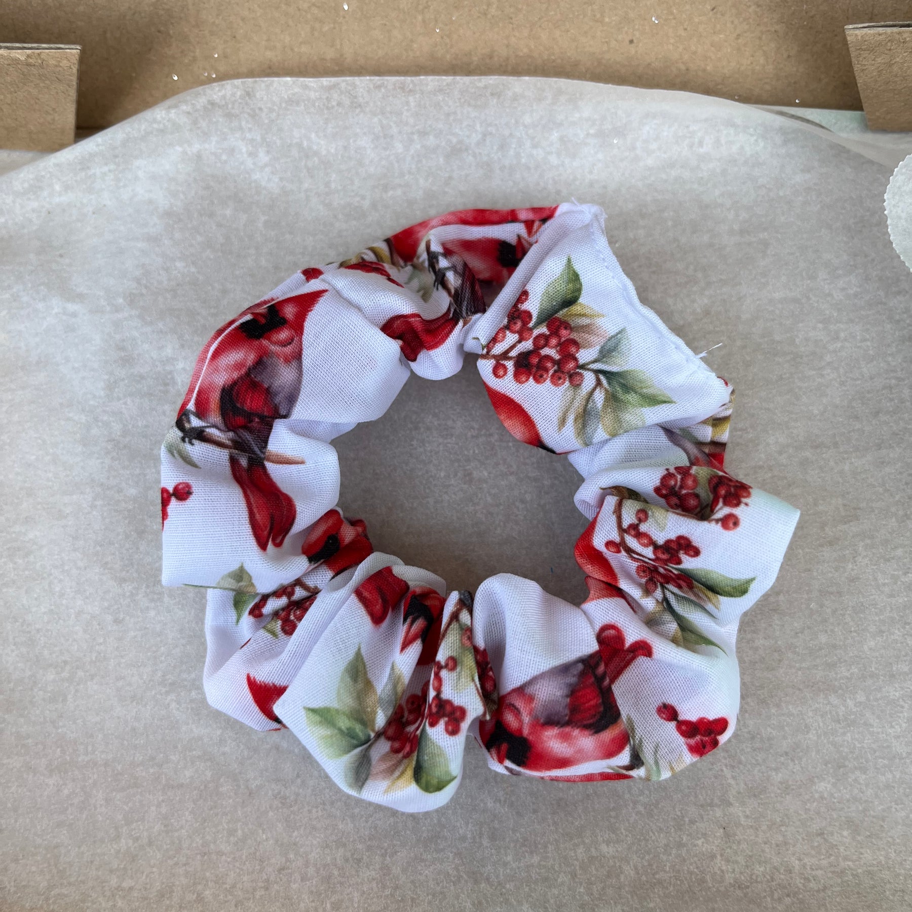 Artisan Handmade Scrunchie in Cardinal Bird Fabric