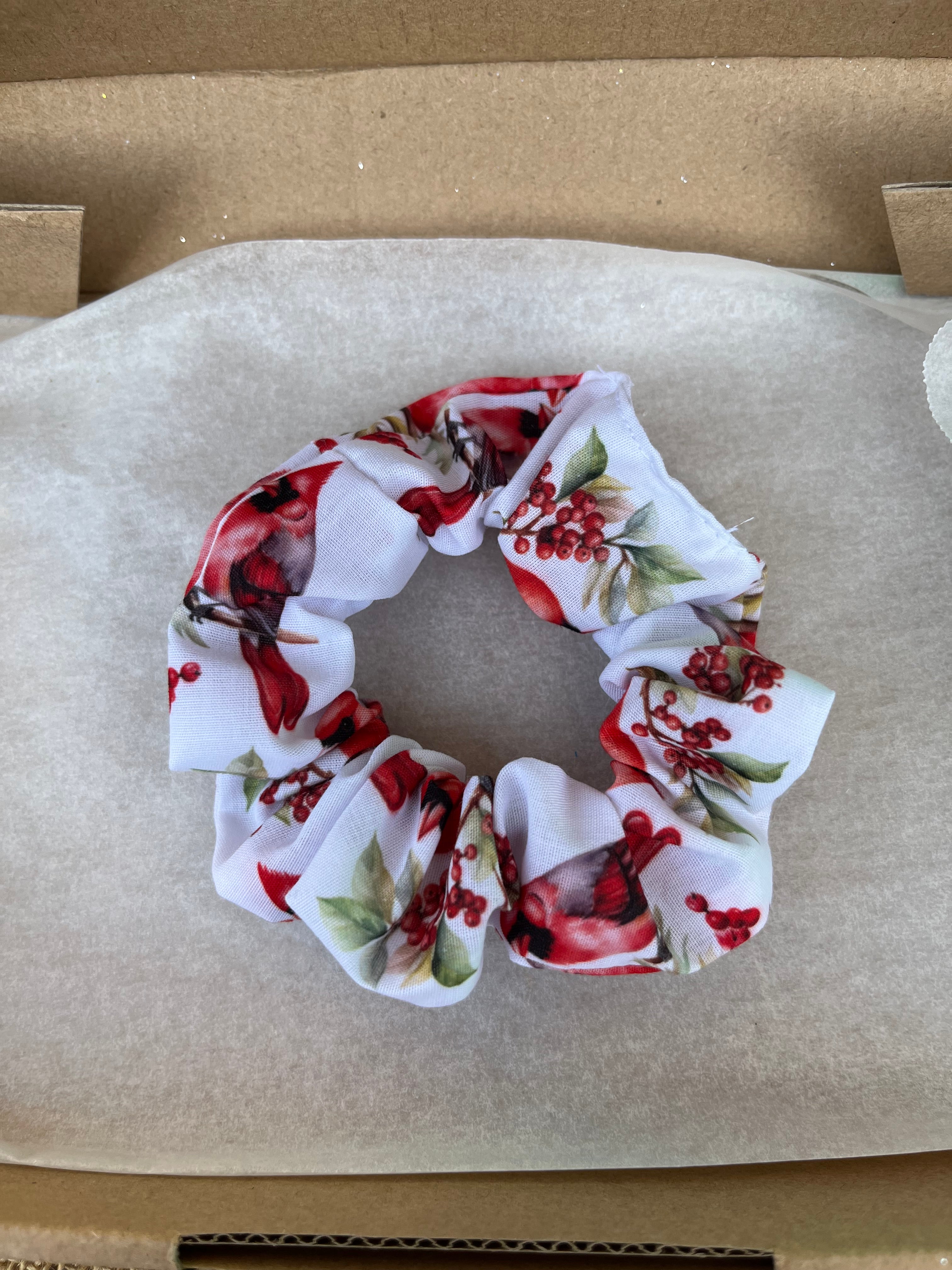 Artisan Handmade Scrunchie in Cardinal Bird Fabric