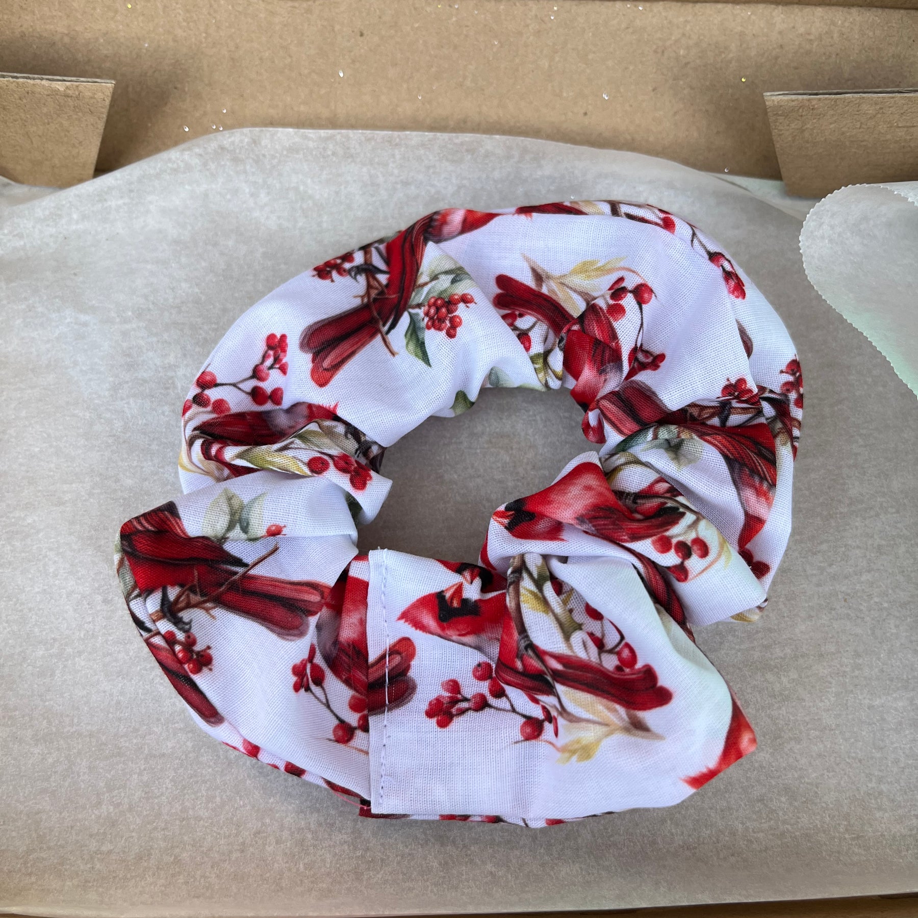 Artisan Handmade Scrunchie in Cardinal Bird Fabric