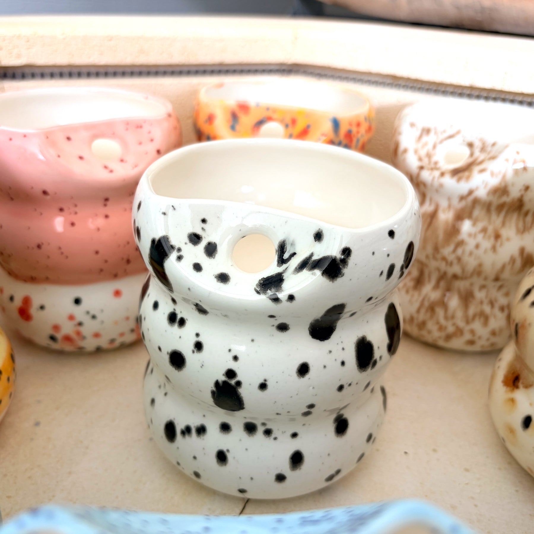 Handcrafted Porcelain Tumbler with Silicon Straw, 600mL Bubble Cup in Dalmatian Glaze