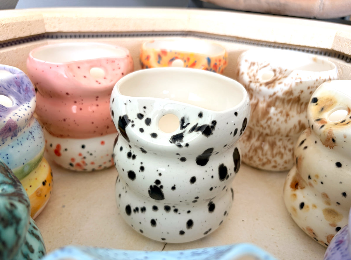 Handcrafted Porcelain Tumbler with Silicon Straw, 600mL Bubble Cup in Dalmatian Glaze