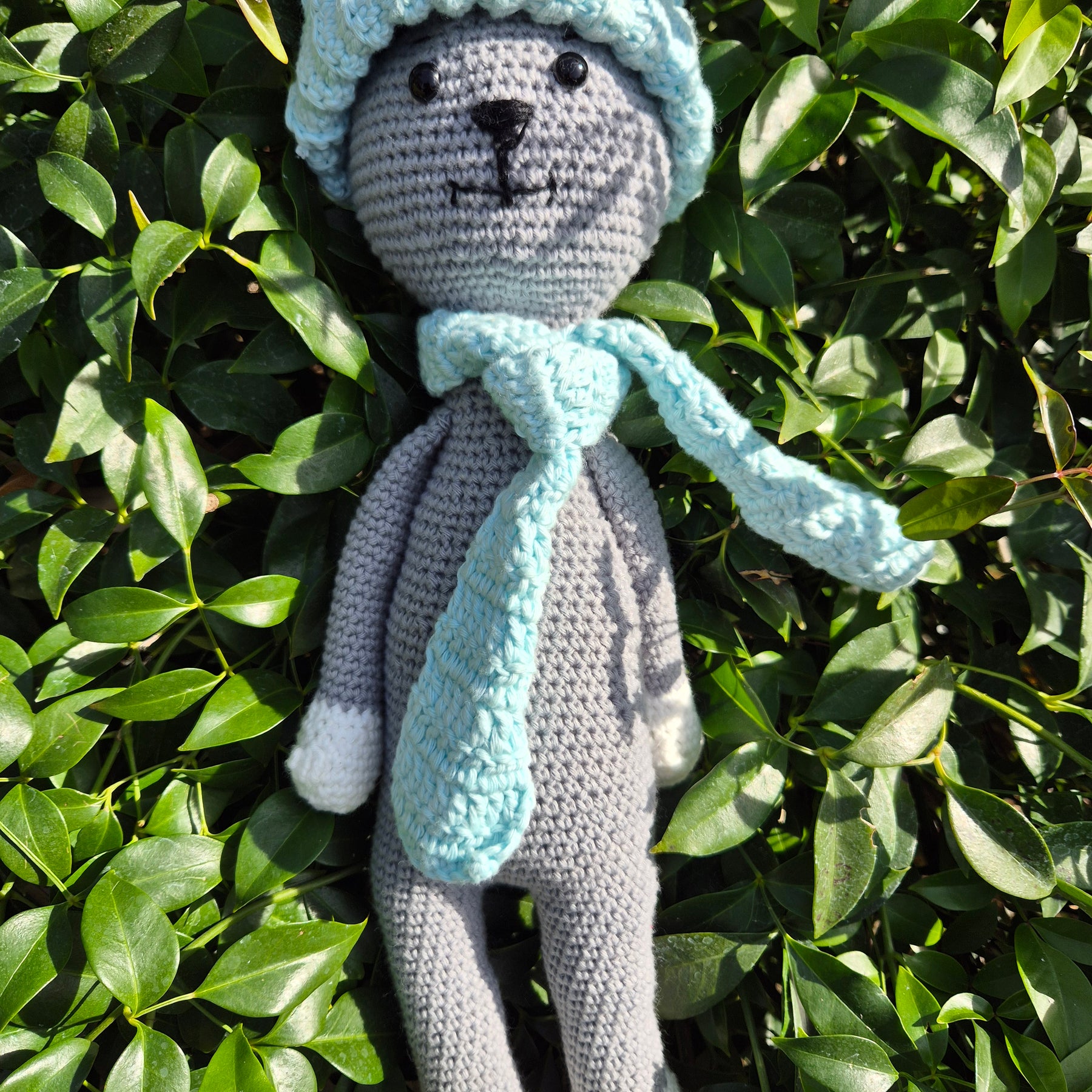 Hand Crochet Cute Cat with Blue Hat & Scarf