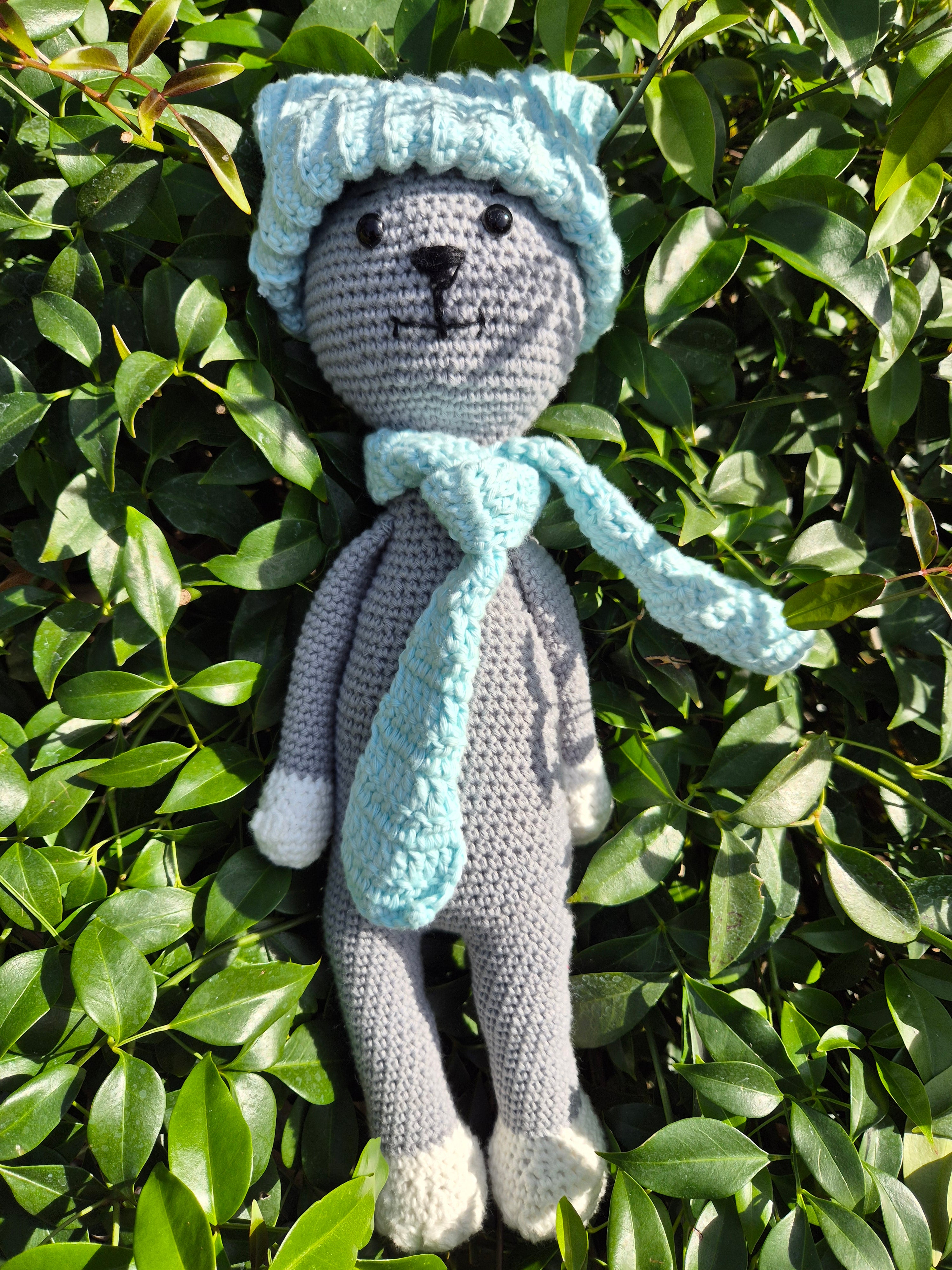 Hand Crochet Cute Cat with Blue Hat & Scarf