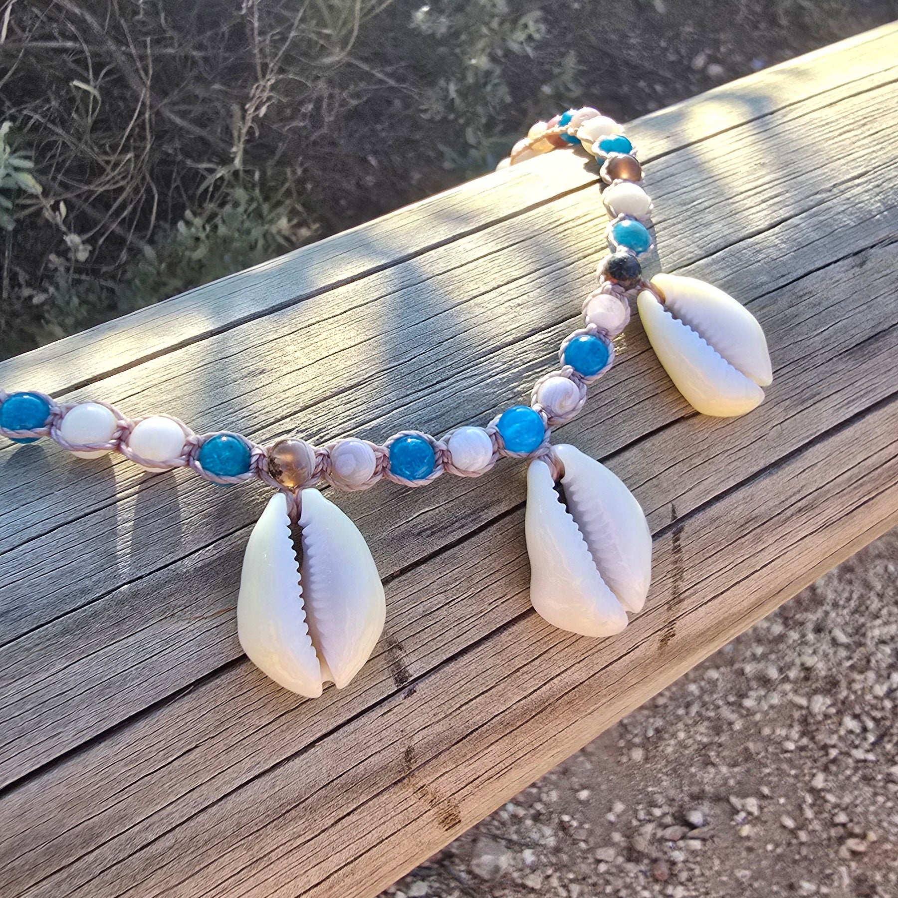 Cowrie Shell Macrame Necklace with Blue Apatite