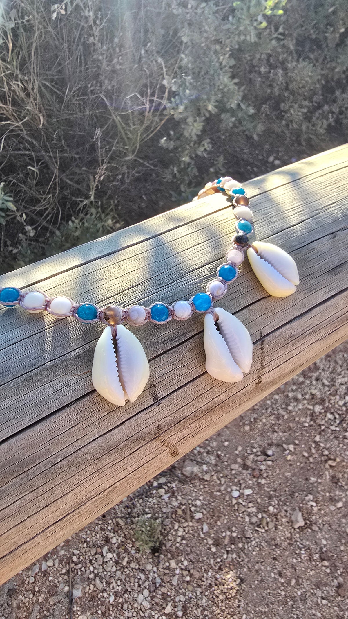 Cowrie Shell Macrame Necklace with Blue Apatite