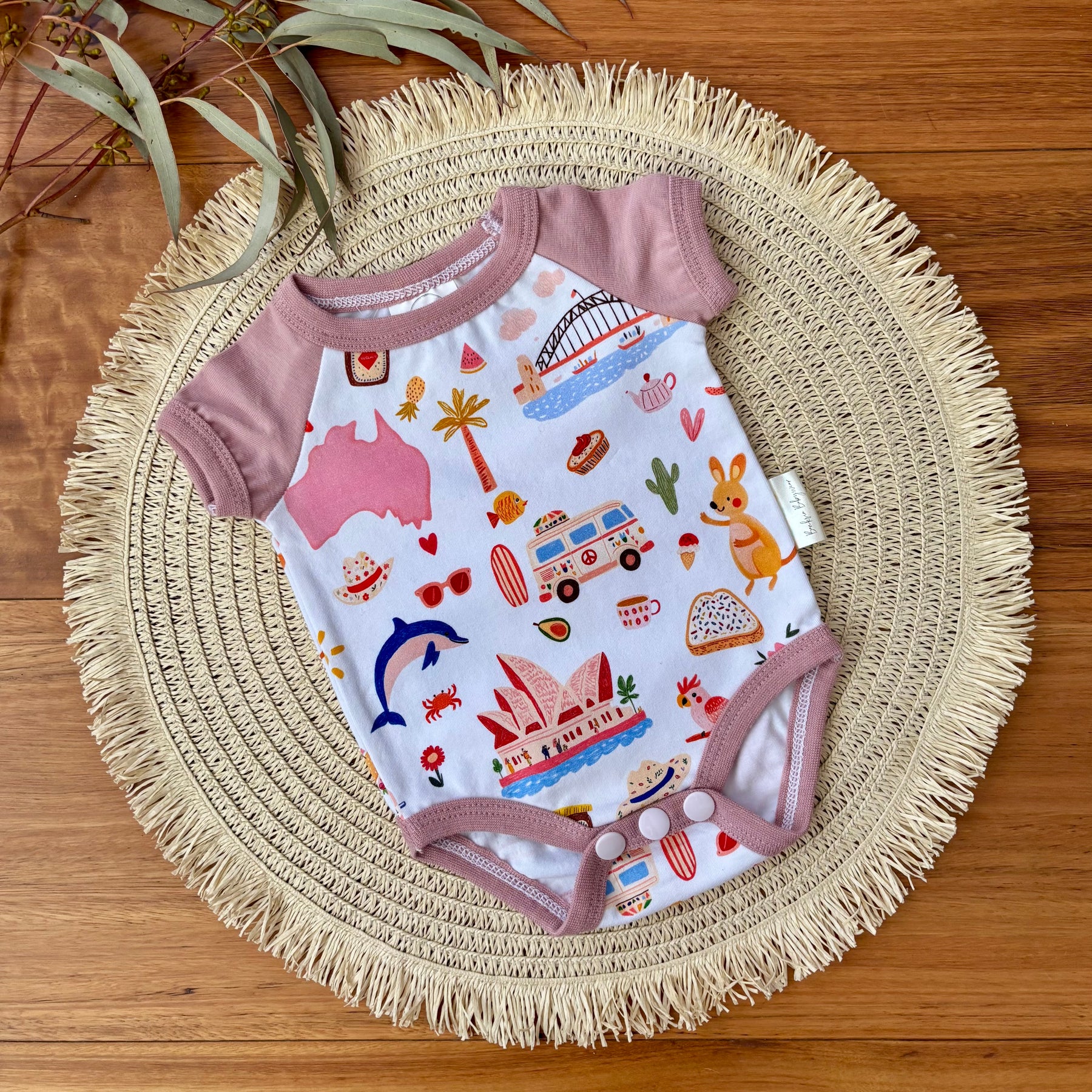 Baby Short Sleeved Bodysuit | Pink Aussie All Over | Size premmie to 2 | Made to order