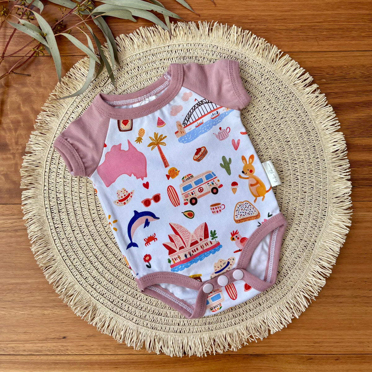 Baby Short Sleeved Bodysuit | Pink Aussie All Over | Size premmie to 2 | Made to order