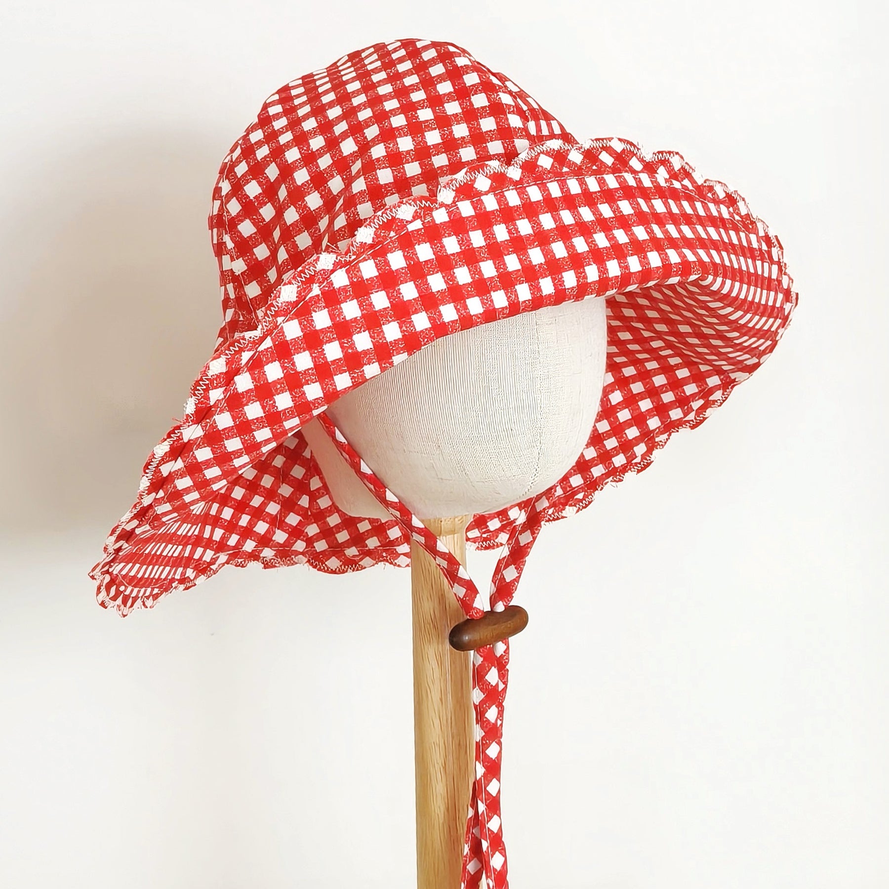Kids Wide Brim Cotton Summer Sun Hat, Red Gingham Kids Hat