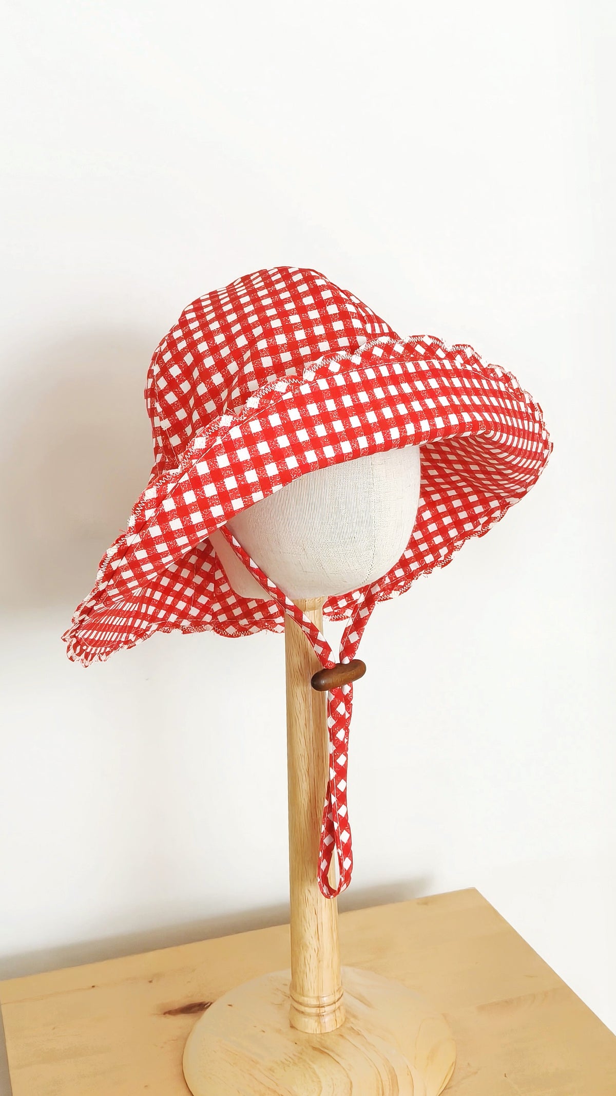 Kids Wide Brim Cotton Summer Sun Hat, Red Gingham Kids Hat