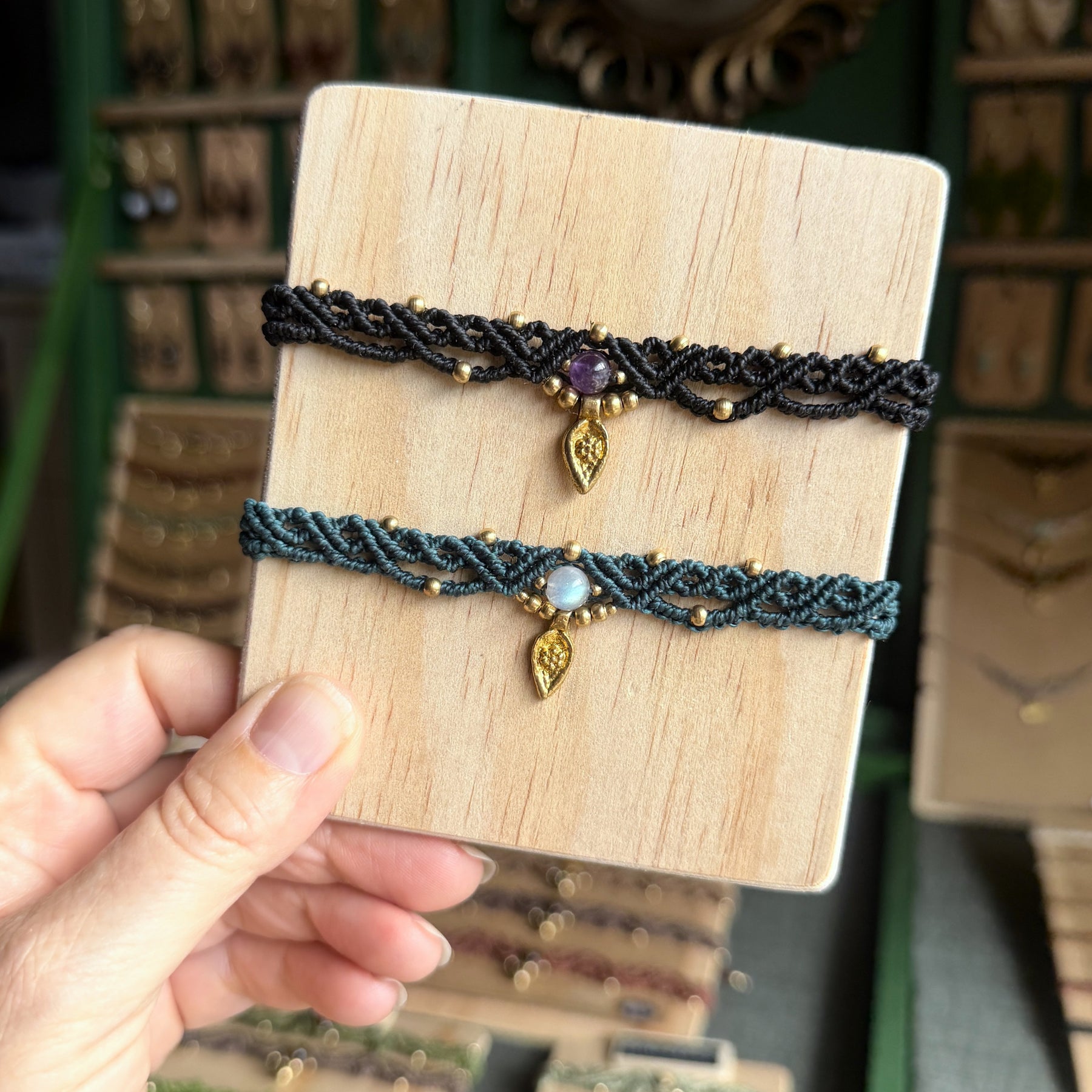 Micro Macrame Boho Bracelet with gemstone bead and brass charms