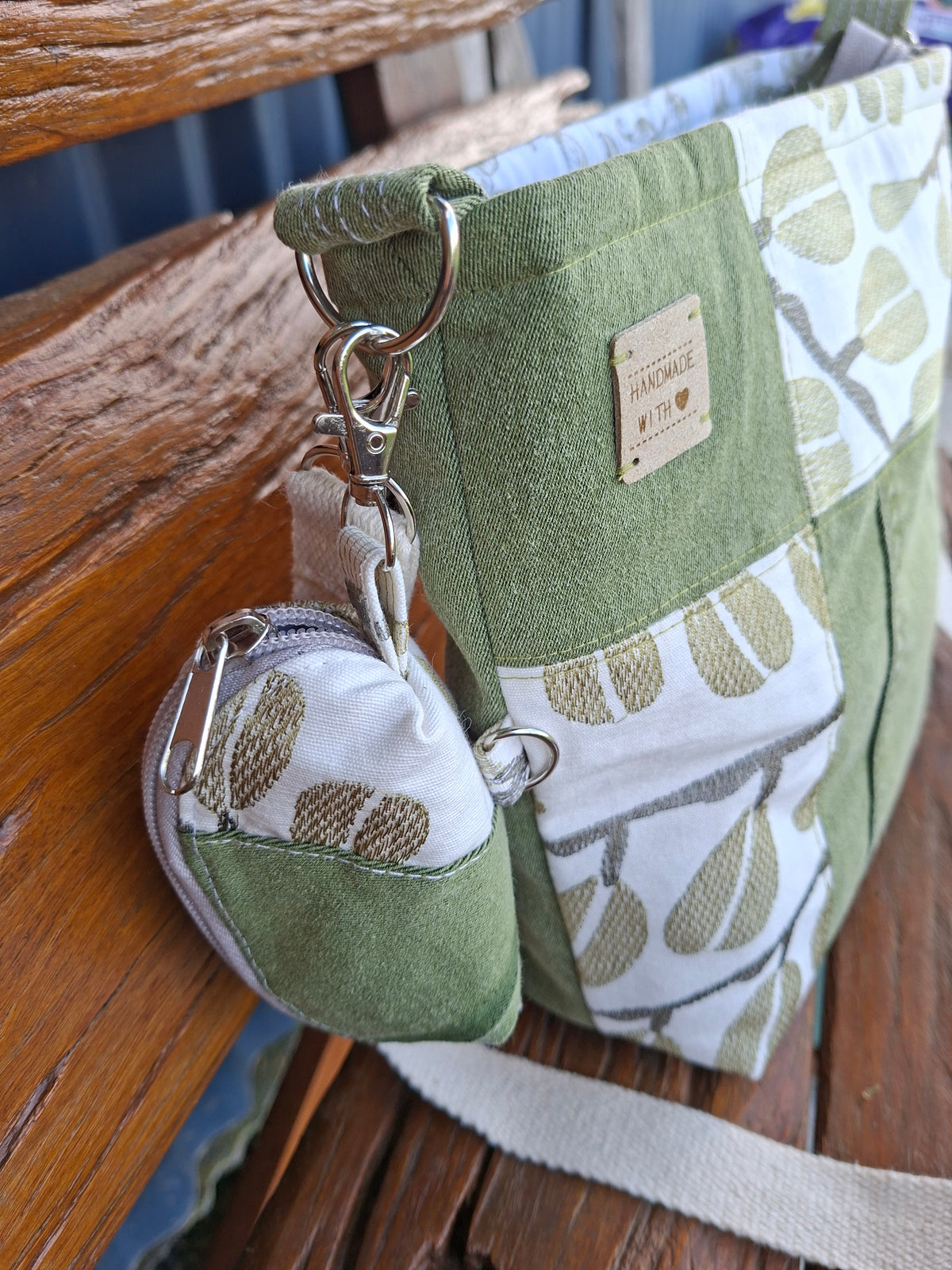 Upcycled Sage Green and Linen, Gender Neutral Crossbody Bag & Matching Coin Purse