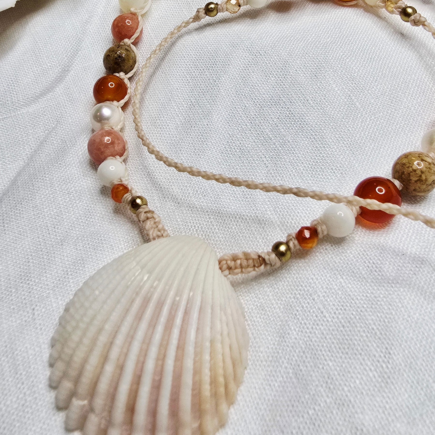 Cockle Shell Necklace Adjustable with Pearls and Rare Ocean Agate