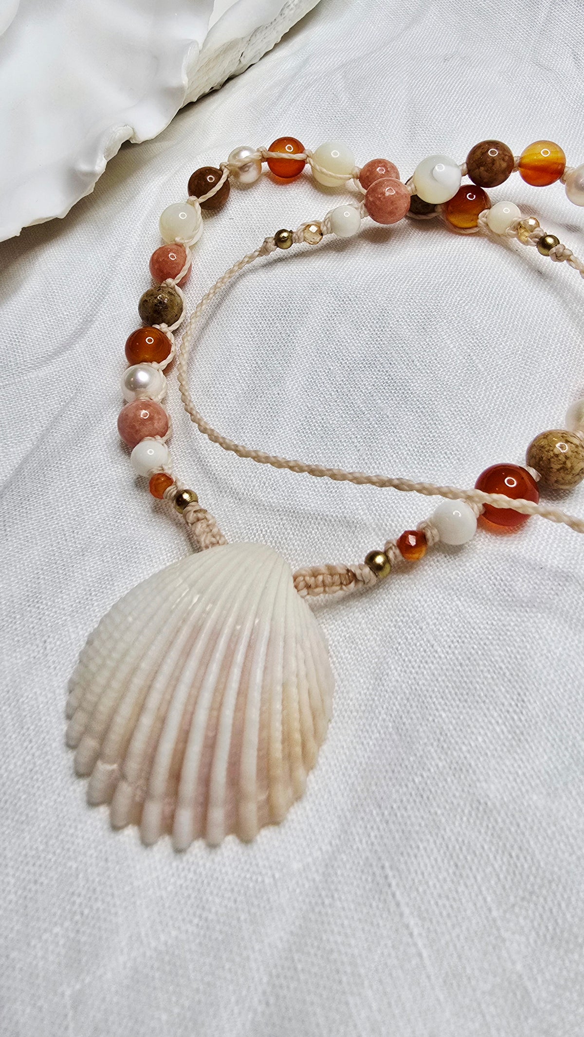 Cockle Shell Necklace Adjustable with Pearls and Rare Ocean Agate