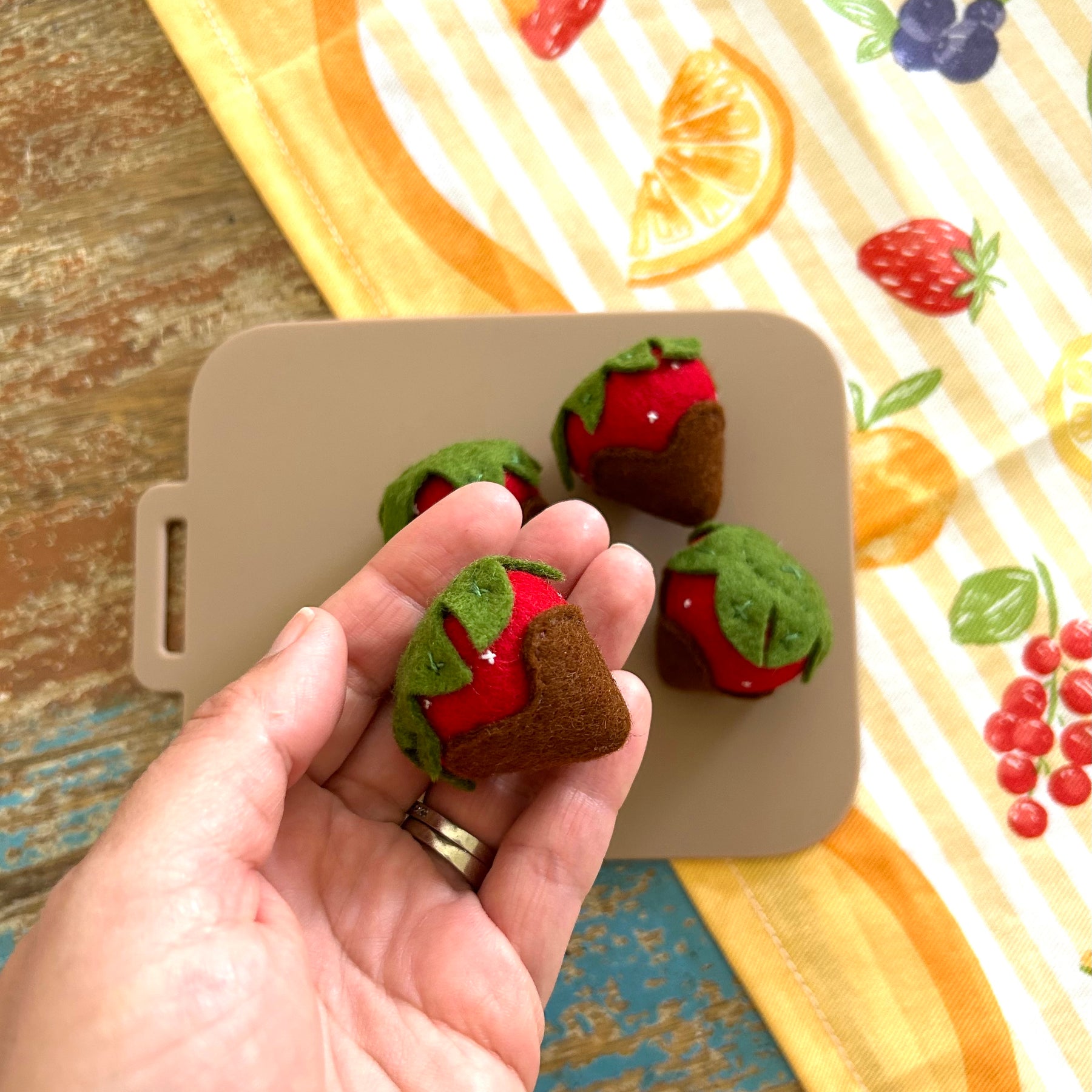 Set of 3, chocolate strawberries, felt play food