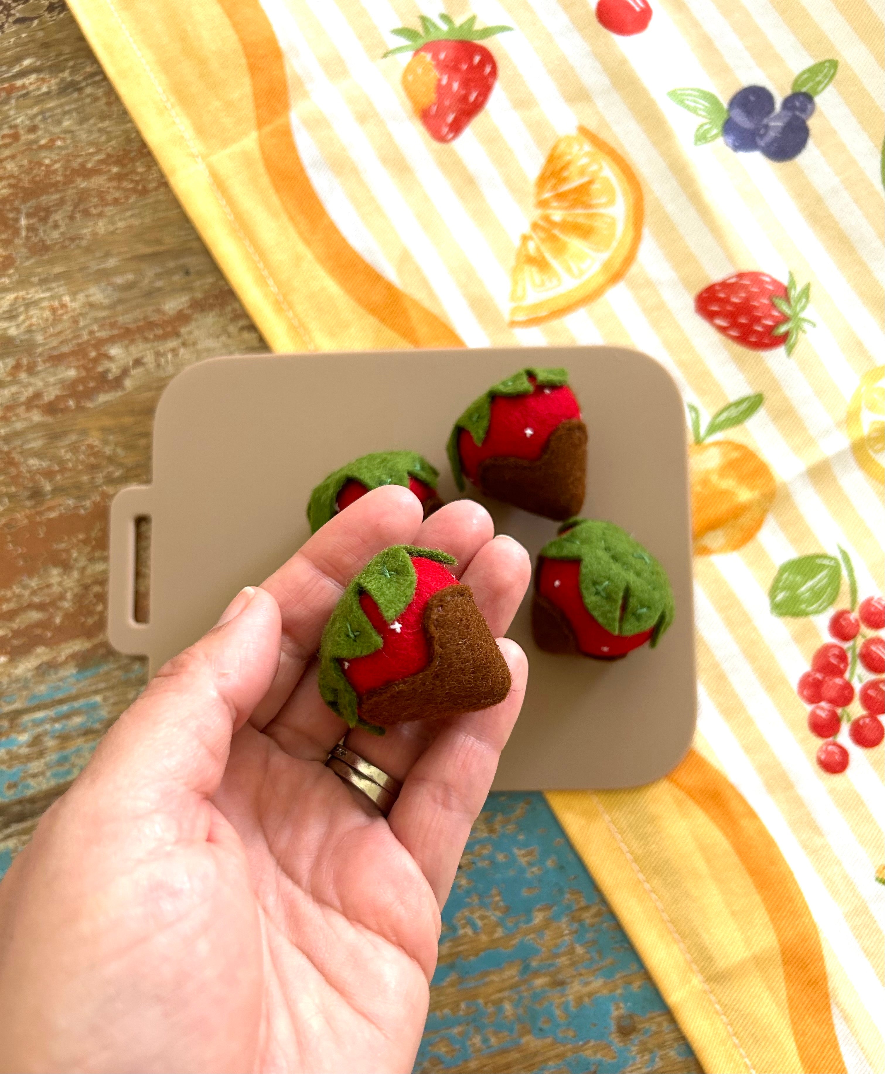 Set of 3, chocolate strawberries, felt play food