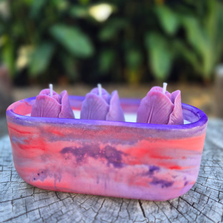 Red and purple oval concrete tulip bowl candle with sandalwood