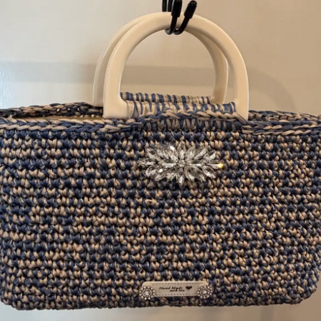 No 7 Blue &Cream Crocheted Night Out Wide Bag