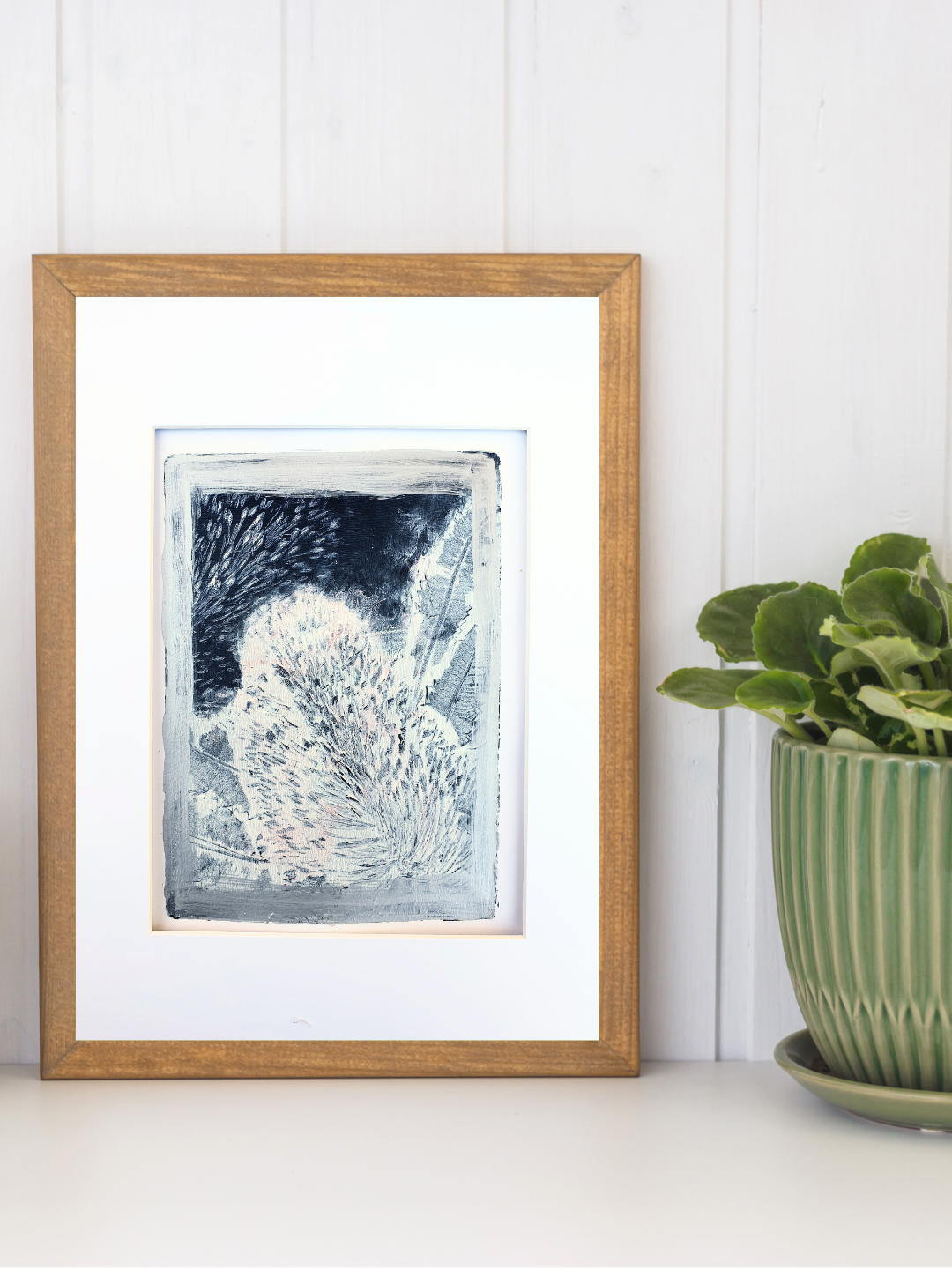 Banksia, blue white and silver | Acrylic monoprint on paper | Original artwork | A5