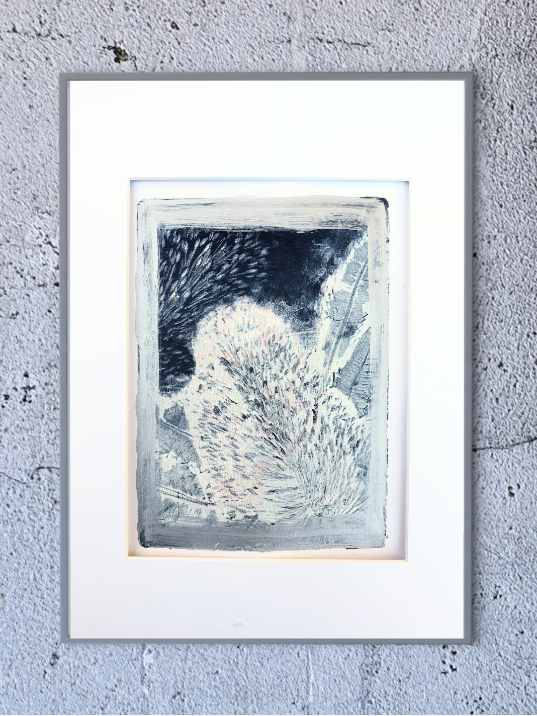 Banksia, blue white and silver | Acrylic monoprint on paper | Original artwork | A5