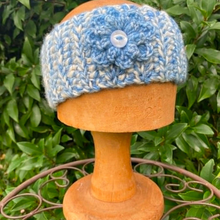 Crochet Headband with cute flower and button embellishment
