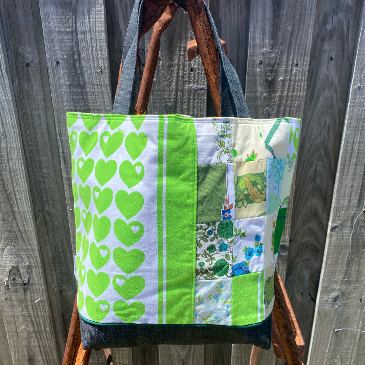 Heartland Handmade Tote Bag Upcycled Vintage Fabrics & Denim