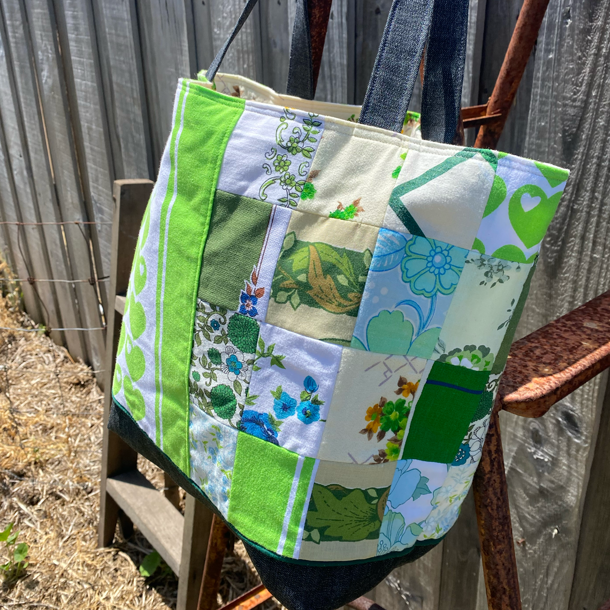 Heartland Handmade Tote Bag Upcycled Vintage Fabrics & Denim